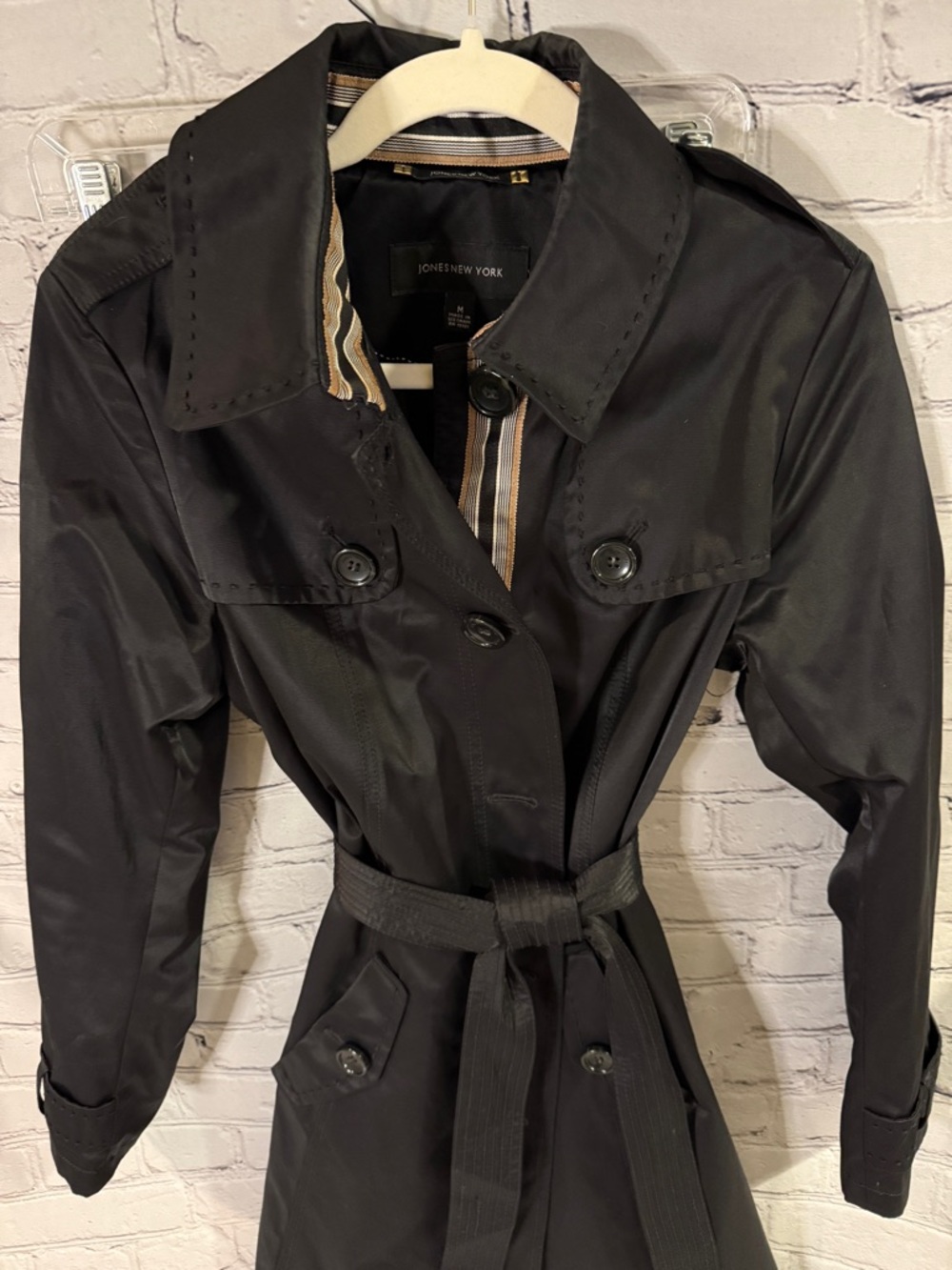 Jones New York Black Trench Coat Ribbon Detail with Belt - Picture 4 of 4